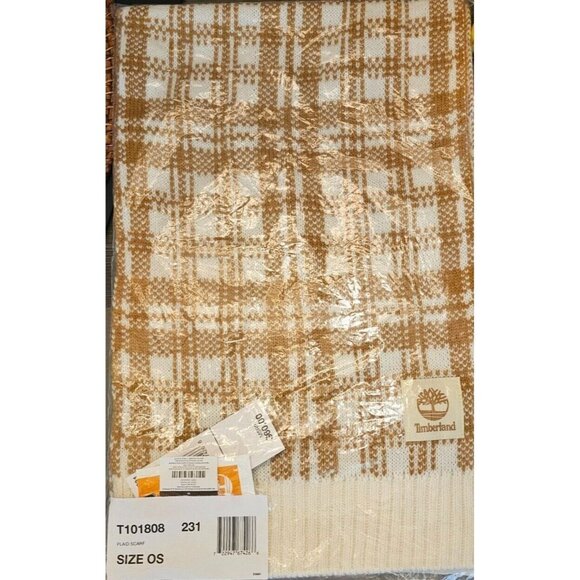 NWT Timberland Scarf OS Warm & Stylish Accessory Cream & Butterscotch Plaid Knit - Picture 6 of 8